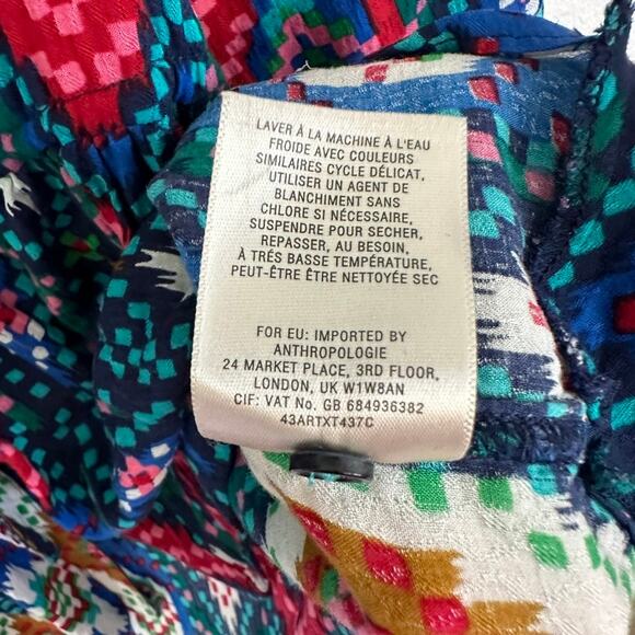 Maeve Anthropologie Pintuck Aztec Pattern Roll Tab Sleeve Tie Button Blouse 4 - Picture 7 of 11